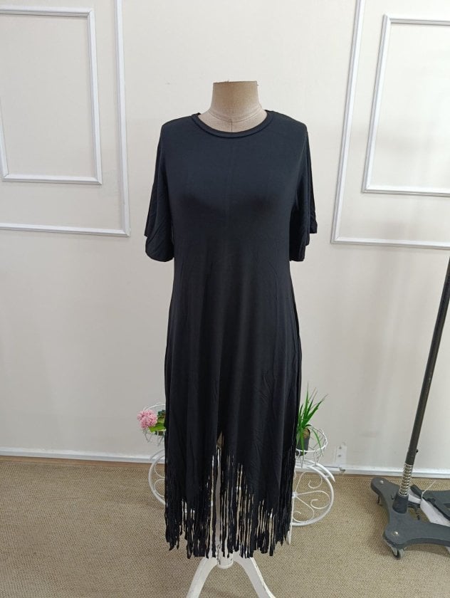 Women's Short Sleeve Round Neck Fringe Zigzag Hem Midi Viscose Dress - Janes - by Peralane - photo 4