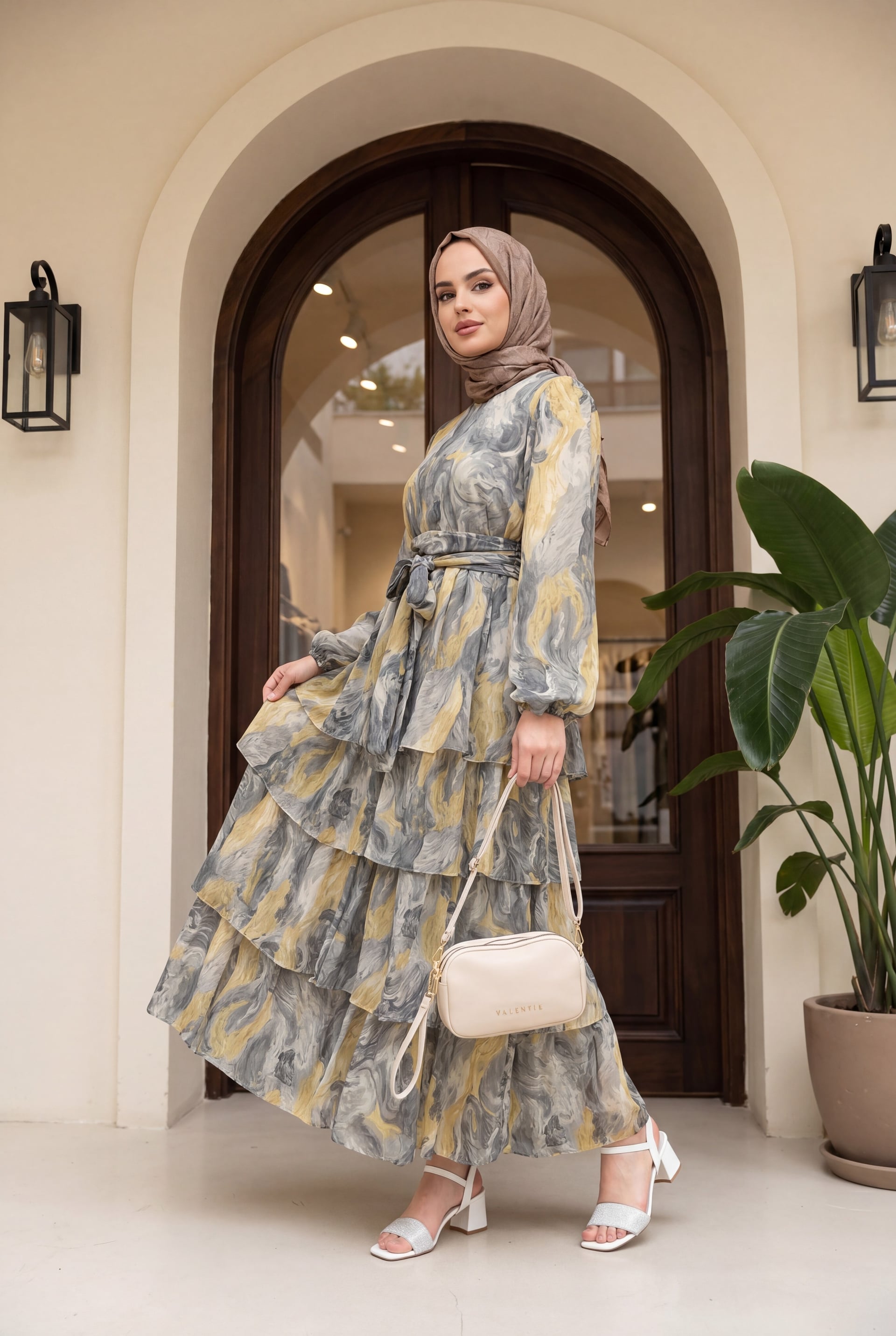 Women's Tiered Sleeve Elasticated Belted Lined Chiffon Dress - Anthracite - Podyumplus - by Peralane