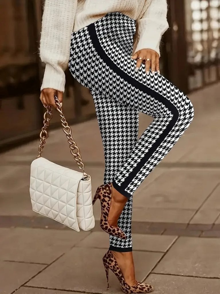 Women's High Waist Houndstooth Stripe Side Knit Trousers - Janes - by Peralane