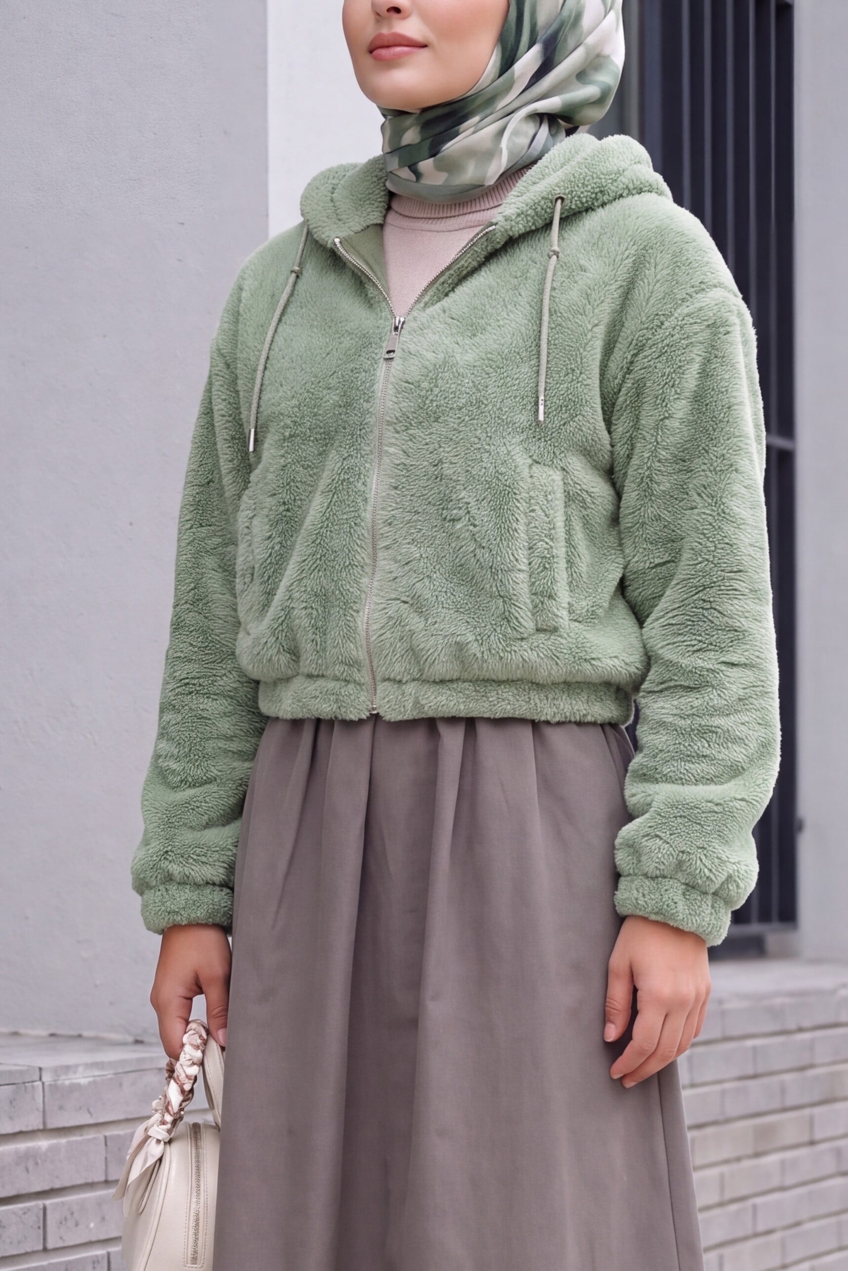 5193 Hooded Plush Crop Jacket - Light Green - Bigdart - by Peralane