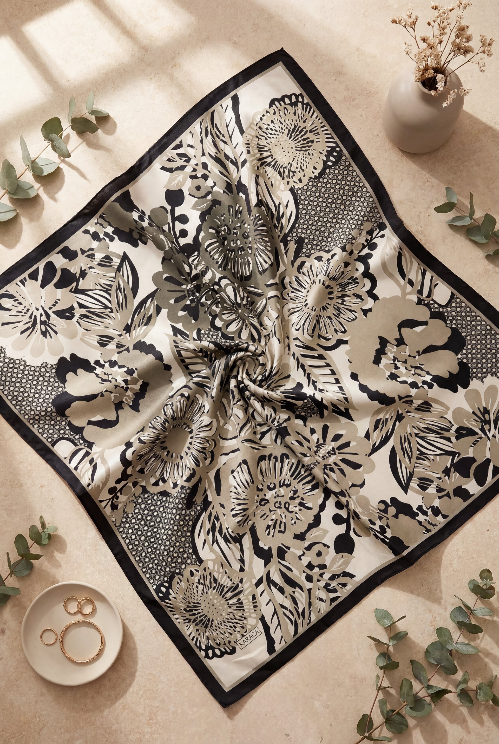 Botanical Print Rayon Scarf - Stone Color - Podyumplus - by Peralane