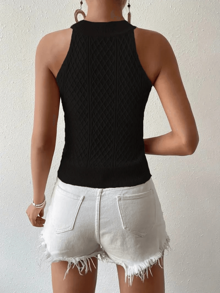 Women's Black Sleeveless Halter Neck Diamond Pattern Knit Blouse - Janes - by Peralane - photo 6