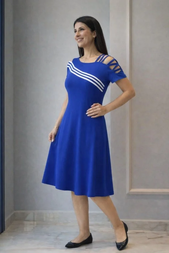 Women's Short Sleeve Midi Viscose Dress with Open Shoulder Stripe Detail - Janes - by Peralane - photo 3