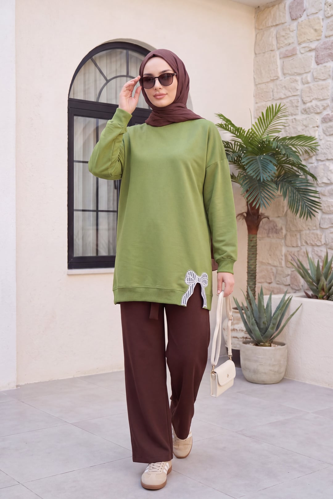 Round Neck Bow Detail Relaxed Cotton Tunic - Light Green - Podyumplus - by Peralane - photo 2
