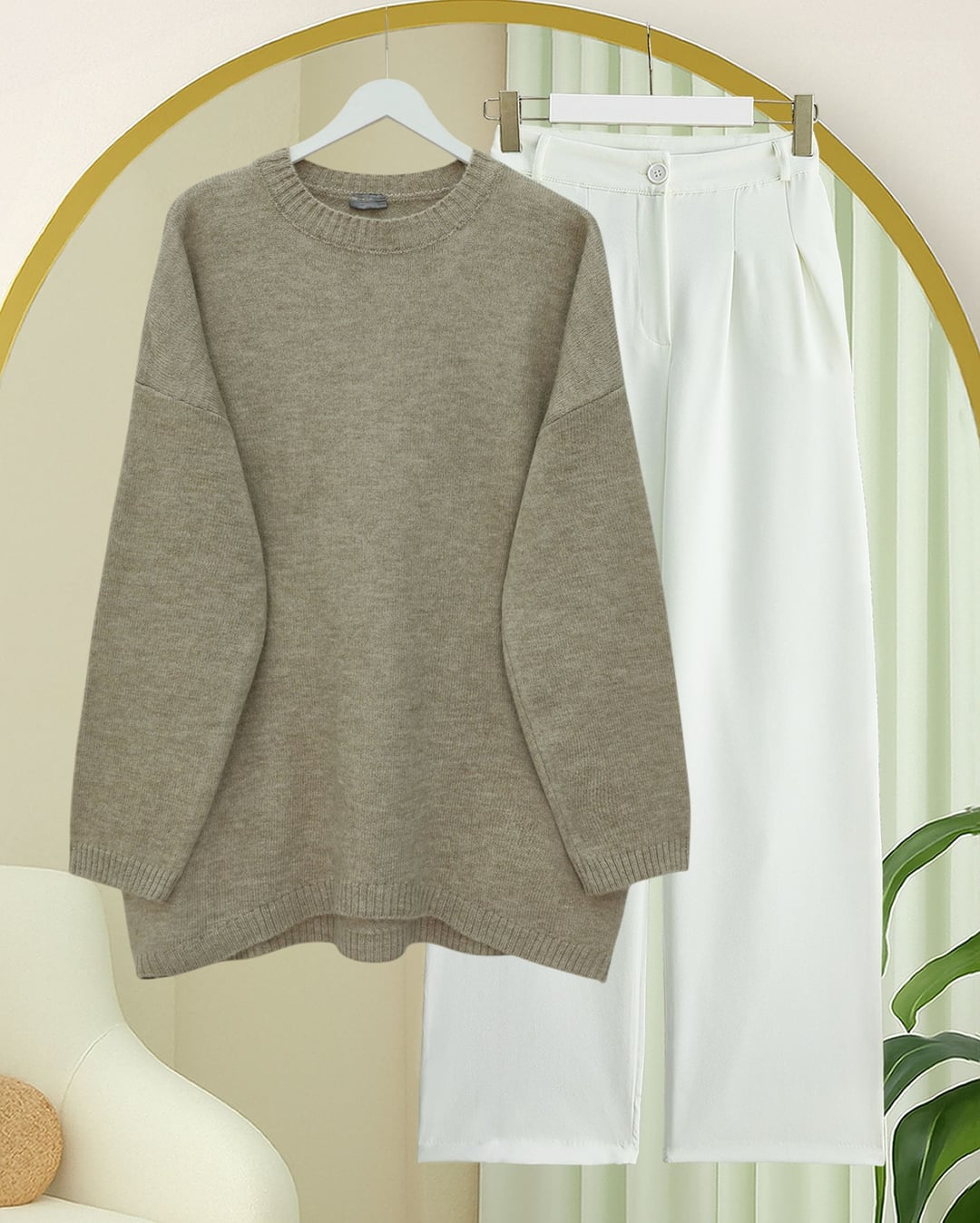 Crew Neck Relaxed Knit Sweater - Light Taupe - Podyumplus - by Peralane - photo 3