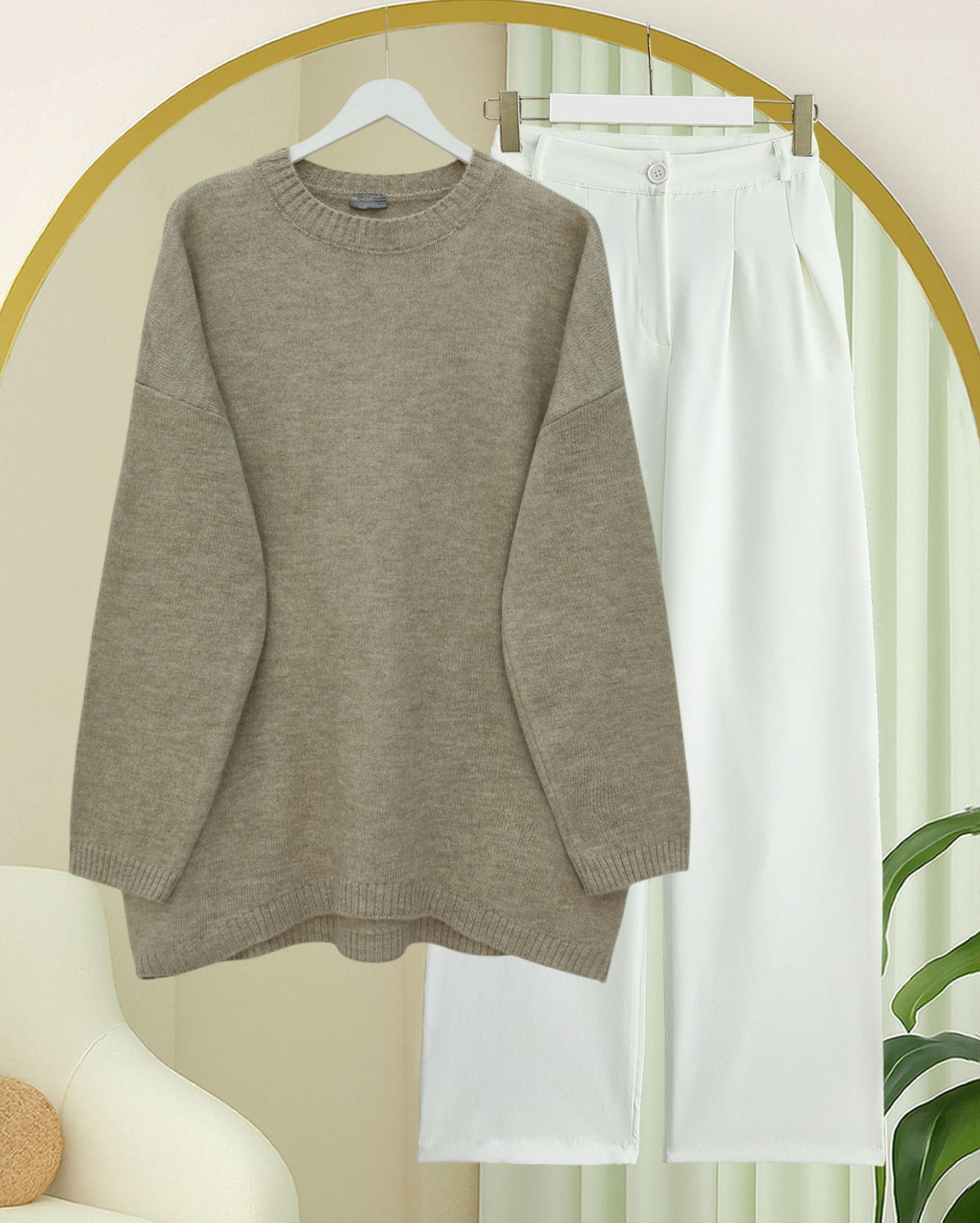 Crew Neck Relaxed Knit Sweater - Light Taupe - Podyumplus - by Peralane - photo 3