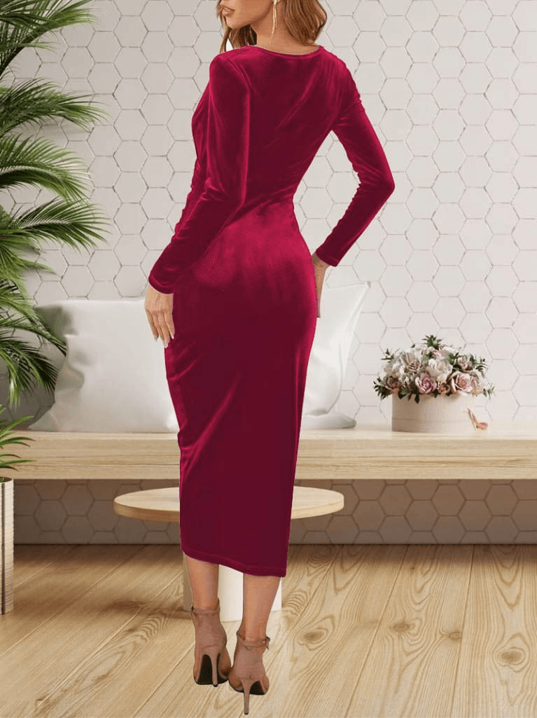 Women's Long Sleeve Wrap Midi Velvet Dress with Waist Ruched Detail - Janes - by Peralane - photo 2