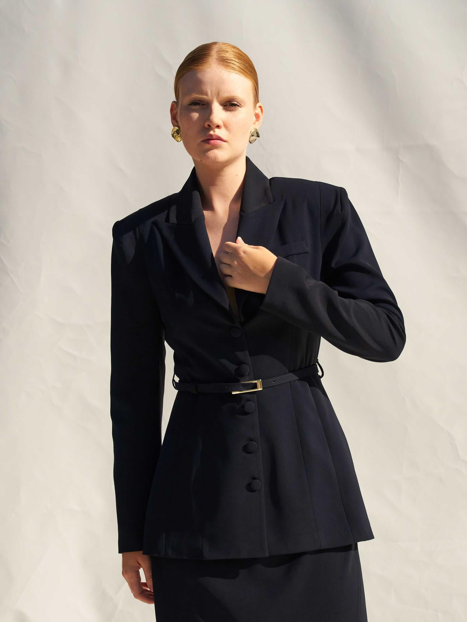 Navy Blue Padded Blazer with Belt - Lefon - by Peralane - photo 6