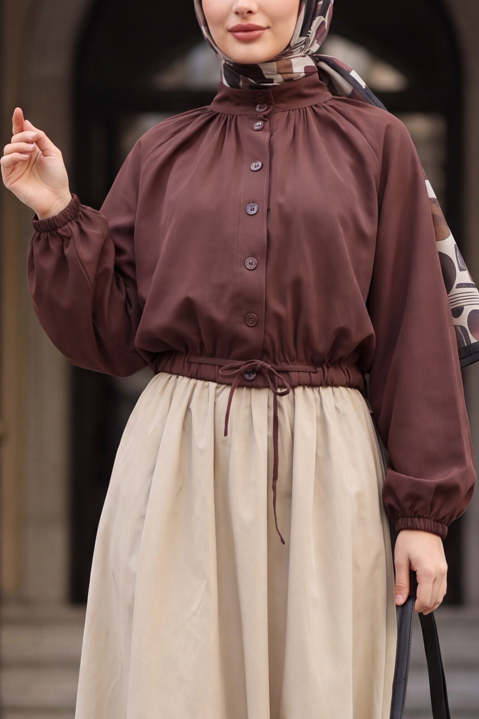 Diagonal Button-Front Blouse with Elasticated Waist and Sleeves - Bordeaux - Podyumplus - by Peralane