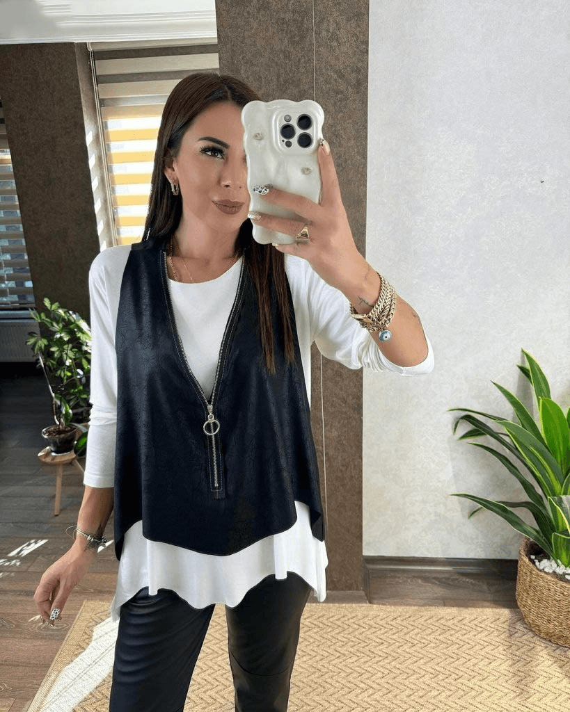 Women's Long Sleeve Asymmetric Cut Viscose Blouse and Cracked Leather Look Vest Two-Piece Set - Janes - by Peralane - photo 3