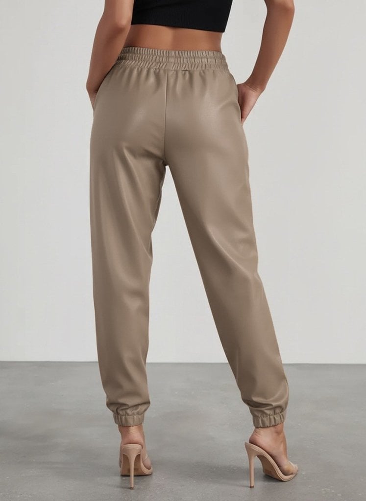 Women's High-Waist Elasticated Faux Leather Trousers with Front Buttons - Janes - by Peralane - photo 4