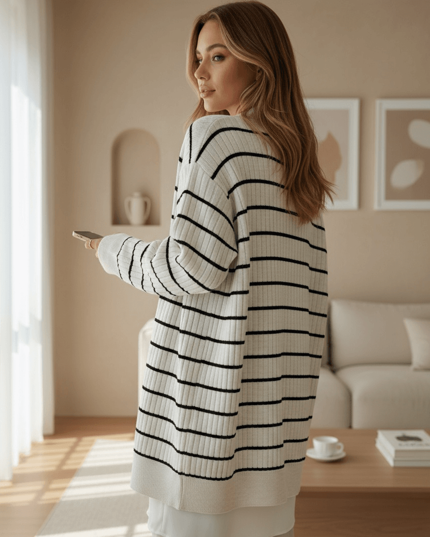Striped Button-Front Knit Cardigan - Stone - Podyumplus - by Peralane - photo 2