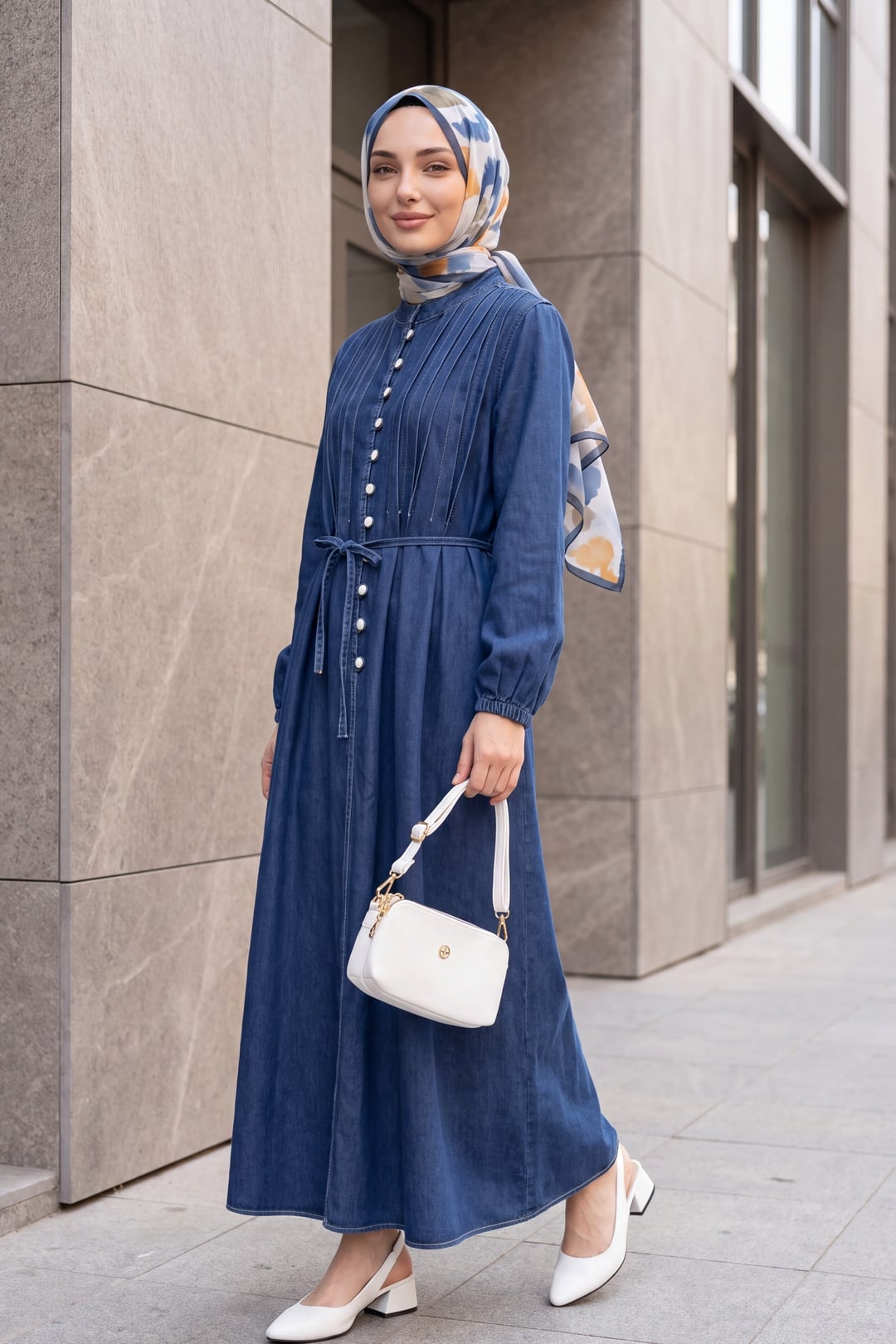 Half-Back Button Denim Dress with Tie Belt and Elastic Cuffs - Navy - Podyumplus - by Peralane - photo 3
