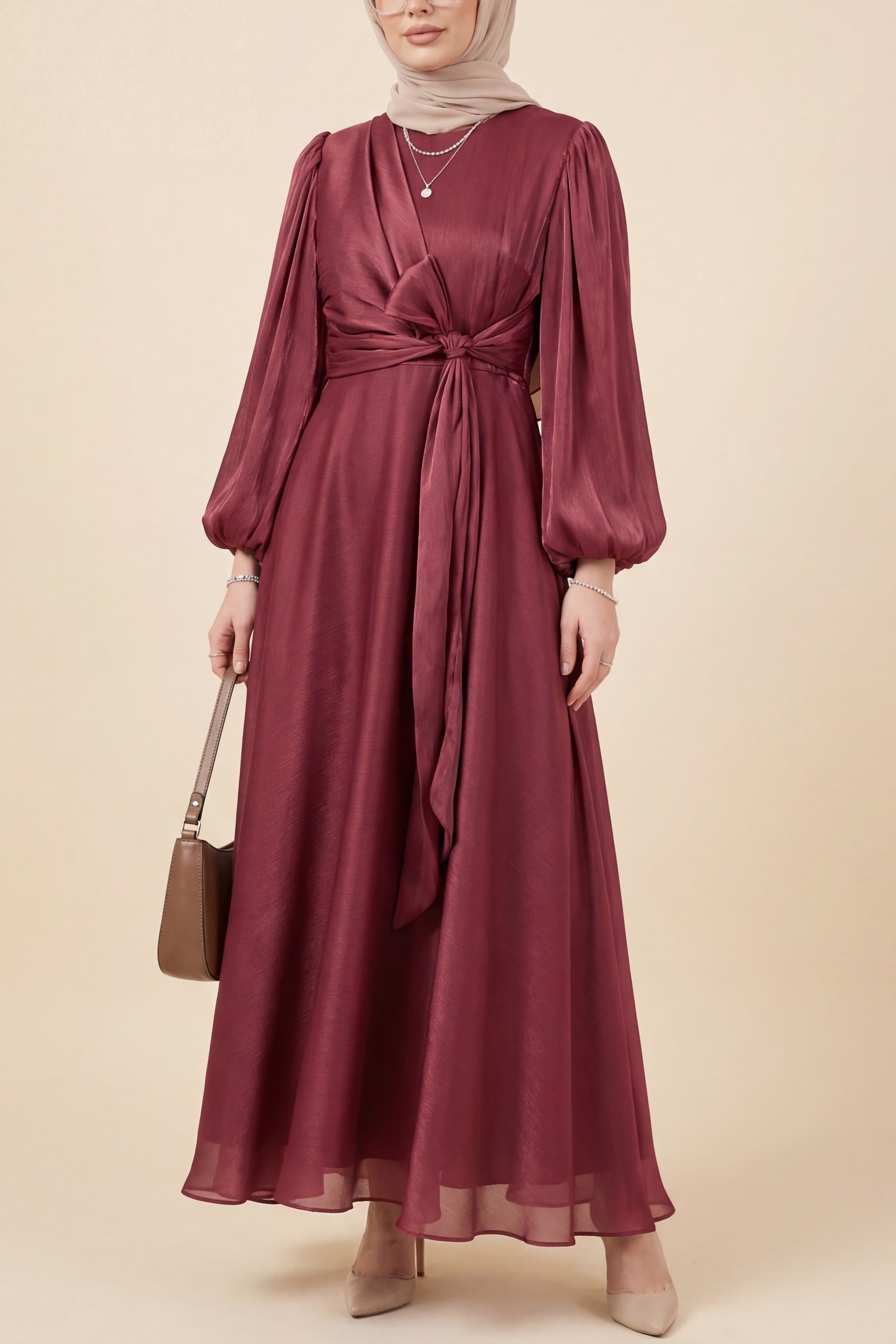 Women's Long Evening Dress with Cross-Front Tie Detail in Berry - Podyumplus - by Peralane - photo 2