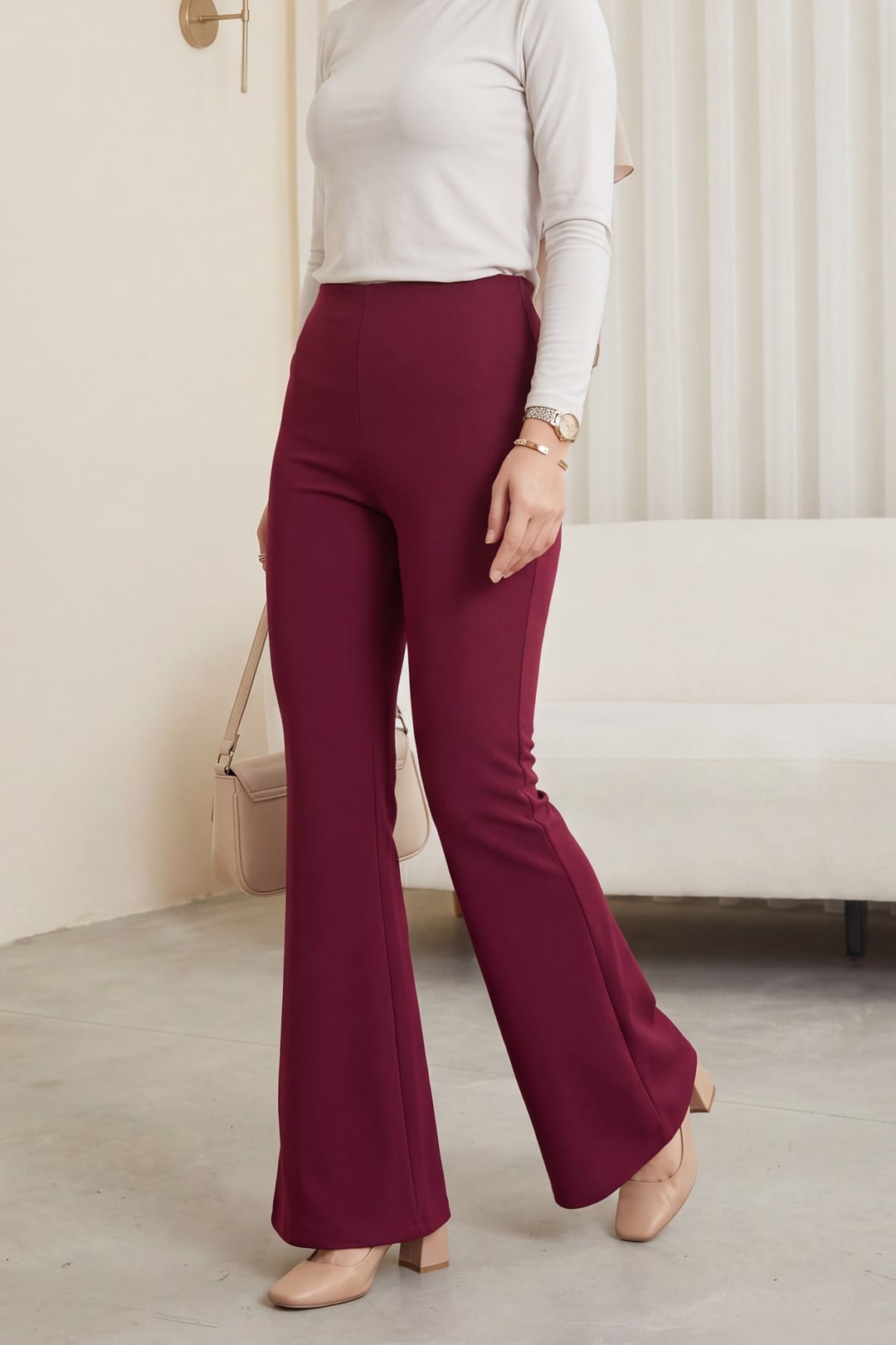 Burgundy High-Waist Flared Trousers with Side Zip - Podyumplus - by Peralane