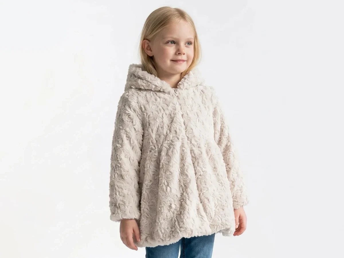 Girls' Plush Hooded Jacket - Light Beige - Carino - by Peralane
