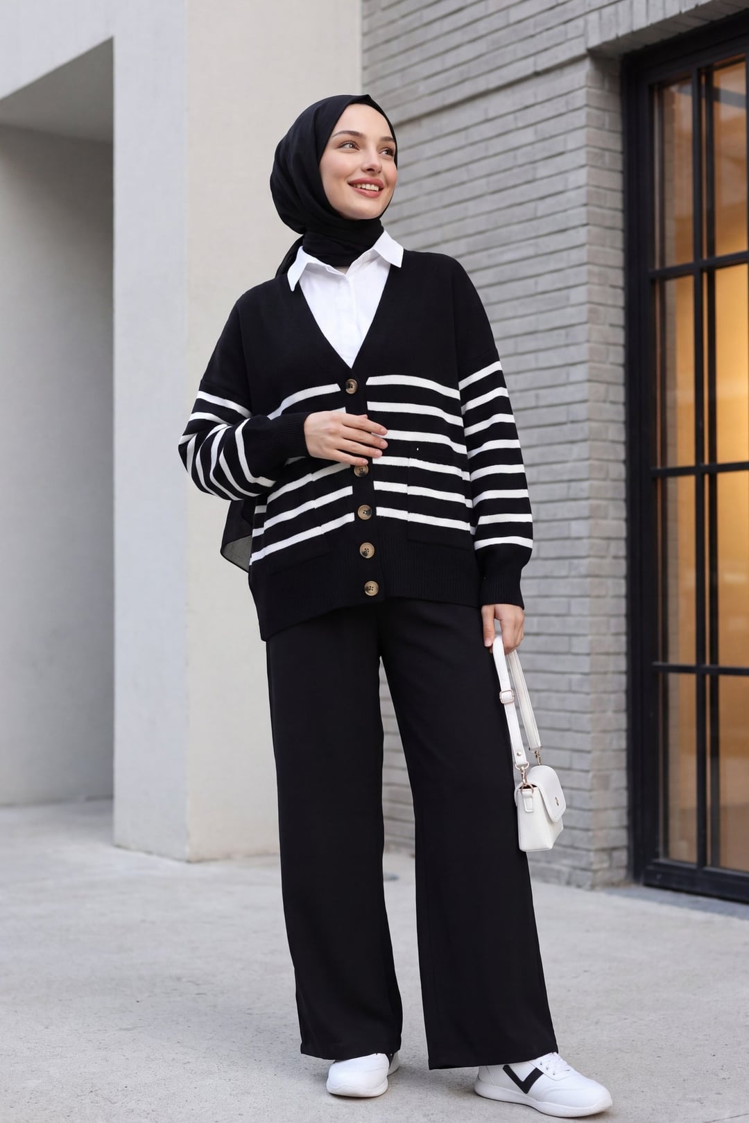 Black Striped Button-Front Cardigan with Pockets - Podyumplus - by Peralane - photo 5