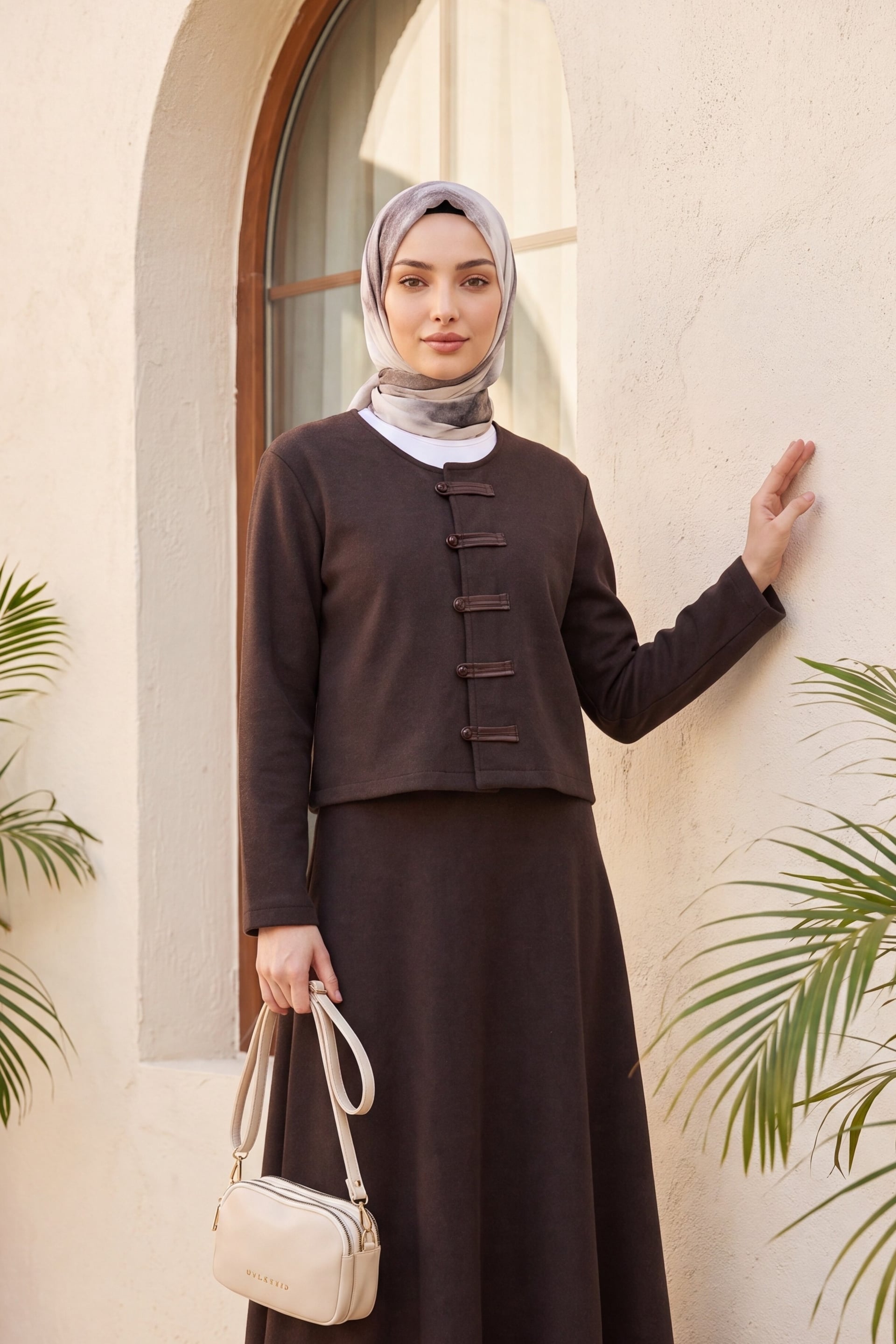 Leather Detail Button-Front Skirt Suit in Brown - Podyumplus - by Peralane - photo 4