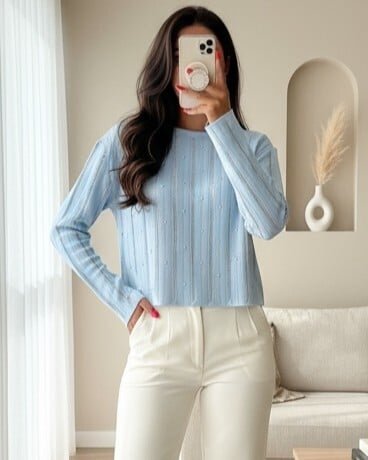 Women's Light Blue Crew Neck Cropped Knit Sweater with Stone Detail - Acrylic - Podyumplus - by Peralane