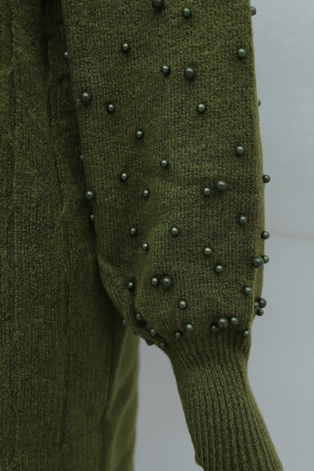 Pearl-Sleeve Patterned Relaxed Knit Tunic - Olive Green - Podyumplus - by Peralane - photo 8