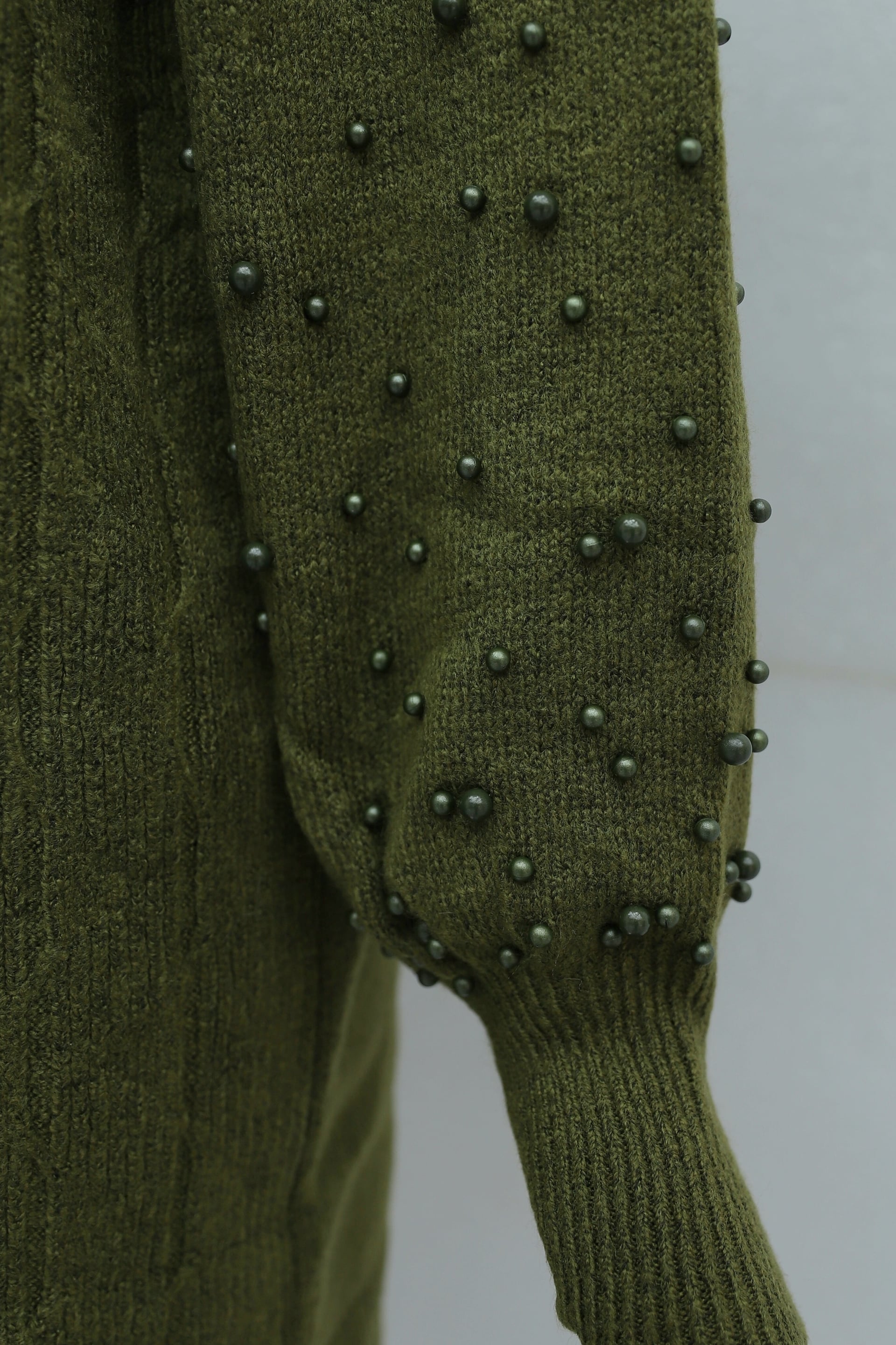 Pearl-Sleeve Patterned Relaxed Knit Tunic - Olive Green - Podyumplus - by Peralane - photo 8