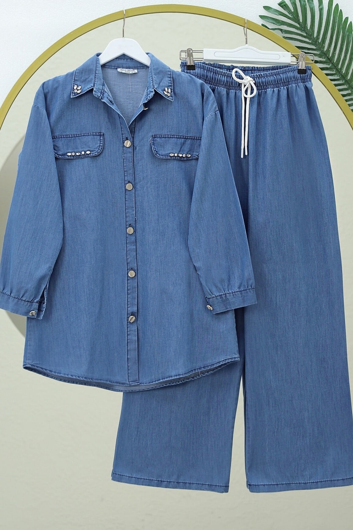 Buttoned Pocket Detail Wide-Leg Trousers Denim Co-ord Set - Blue - Podyumplus - by Peralane - photo 6