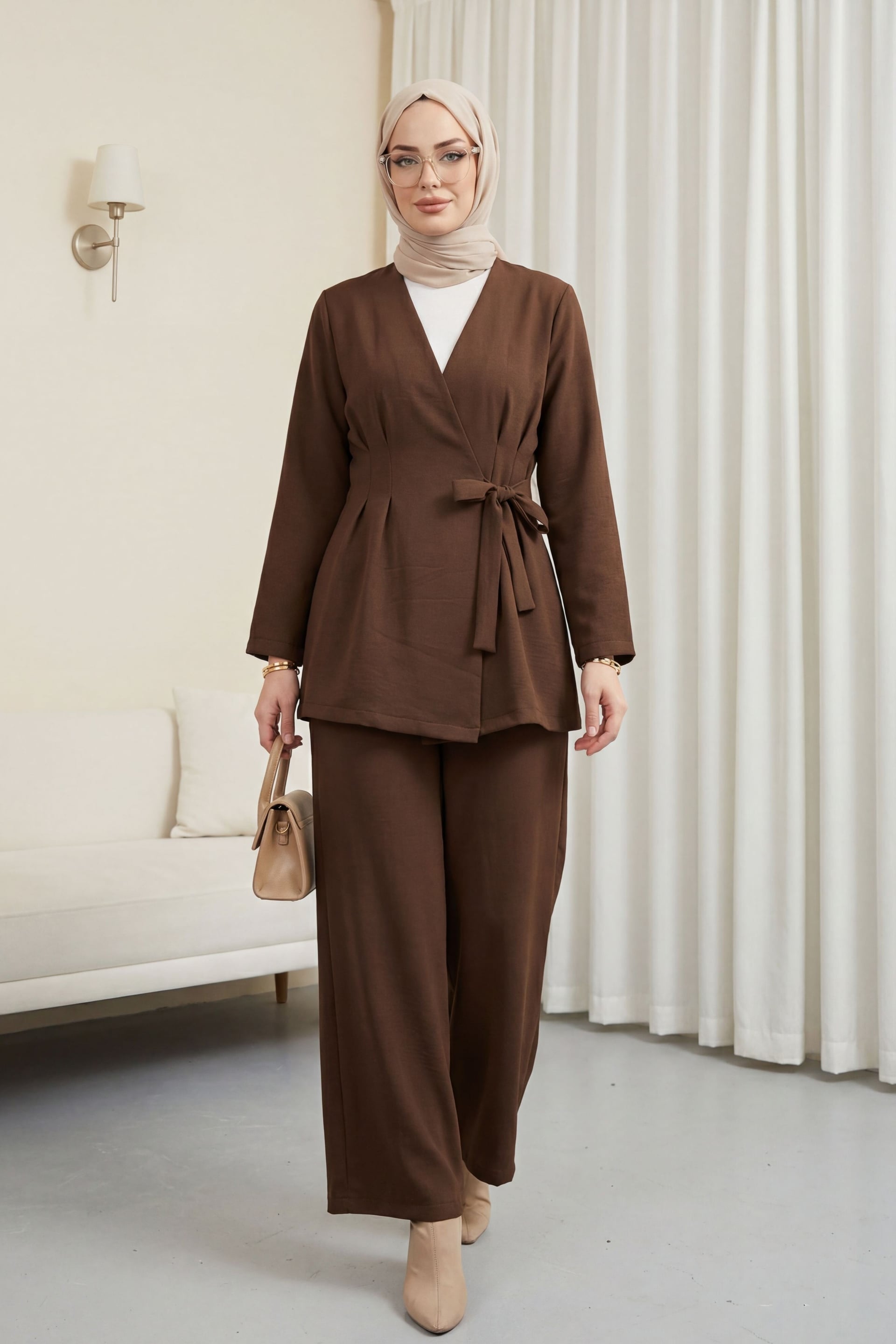 Pens Detail Cross-Front Tie Wide-Leg Trouser Set in Brown - Podyumplus - by Peralane