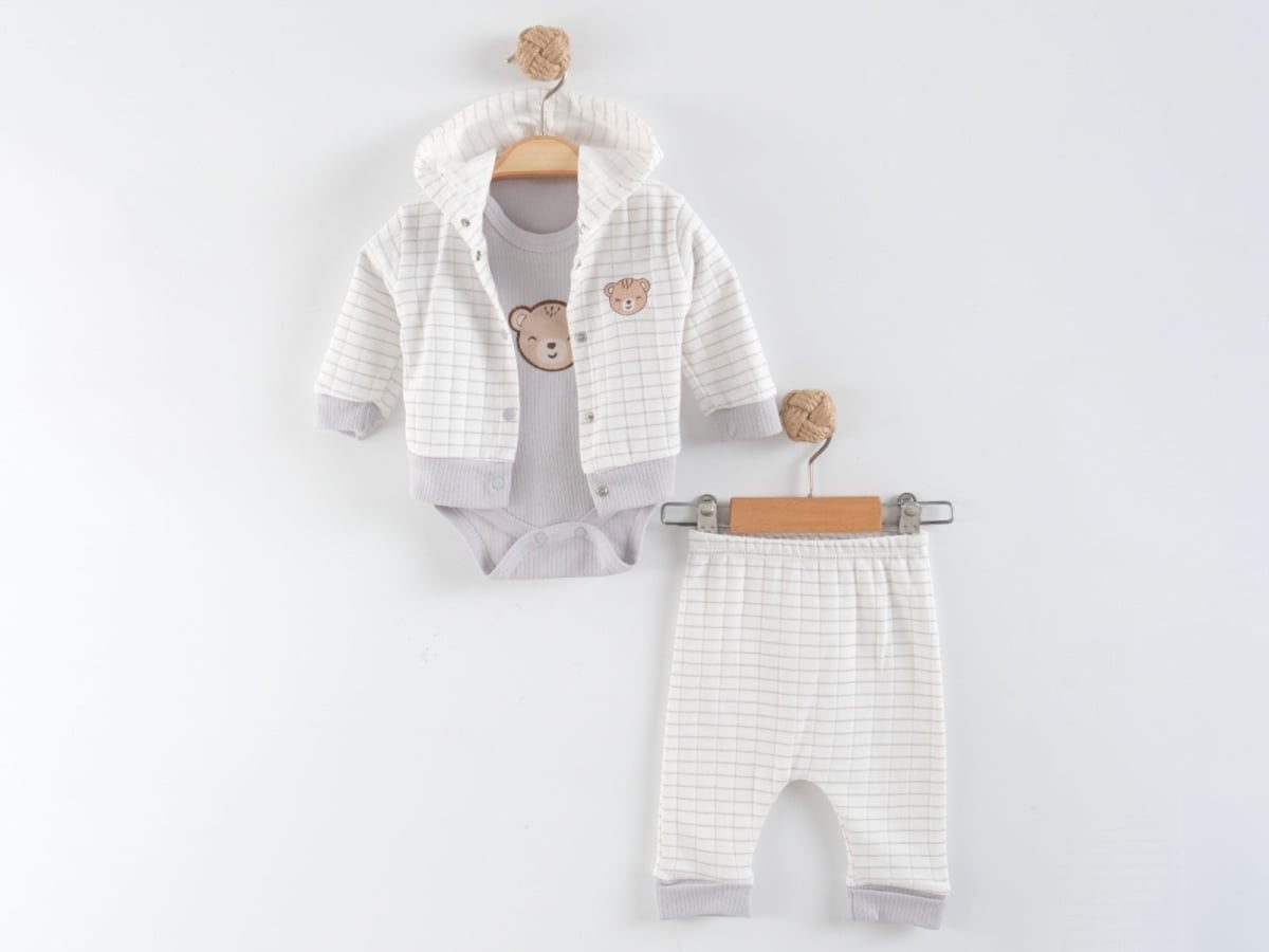 Boys' 3-Piece Baby Set with Bodysuit, Hooded Jacket and Pants - Grey - Nayinom - by Peralane
