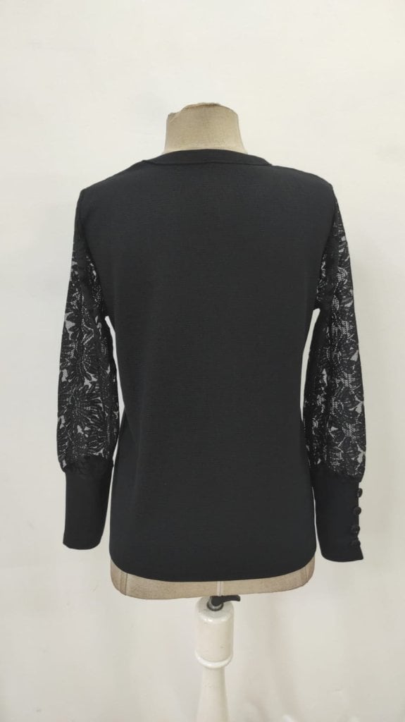 Women's Black Long Sleeve Crew Neck Waffle Blouse with Floral Lace Sleeves - Janes - by Peralane - photo 3