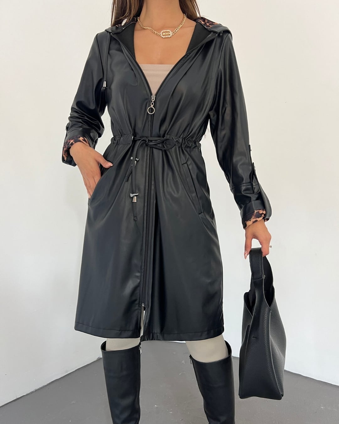 Black Faux Leather Hooded Coat with Drawstring Waist - Podyumplus - by Peralane - photo 6