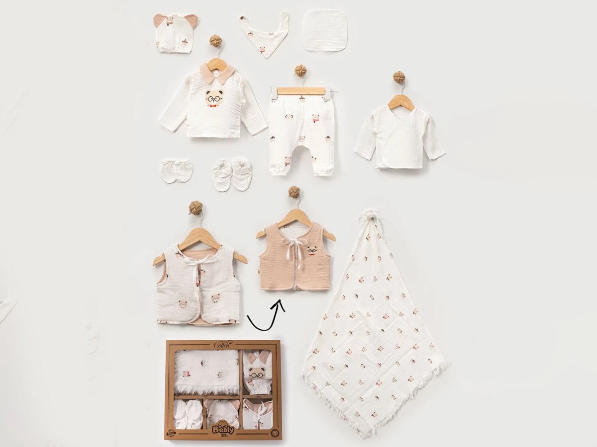 Bear Print 10-Piece Newborn Boy Muslin Hospital Exit Set - Bebly - by Peralane