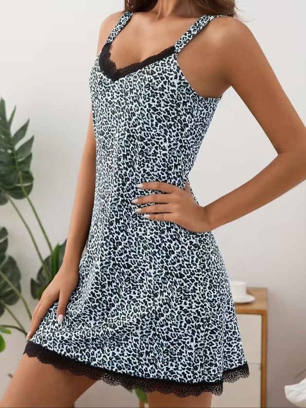 Women's Sleeveless V-Neck Lace Trim Leopard Print Short Night Dress - Janes - by Peralane - photo 5