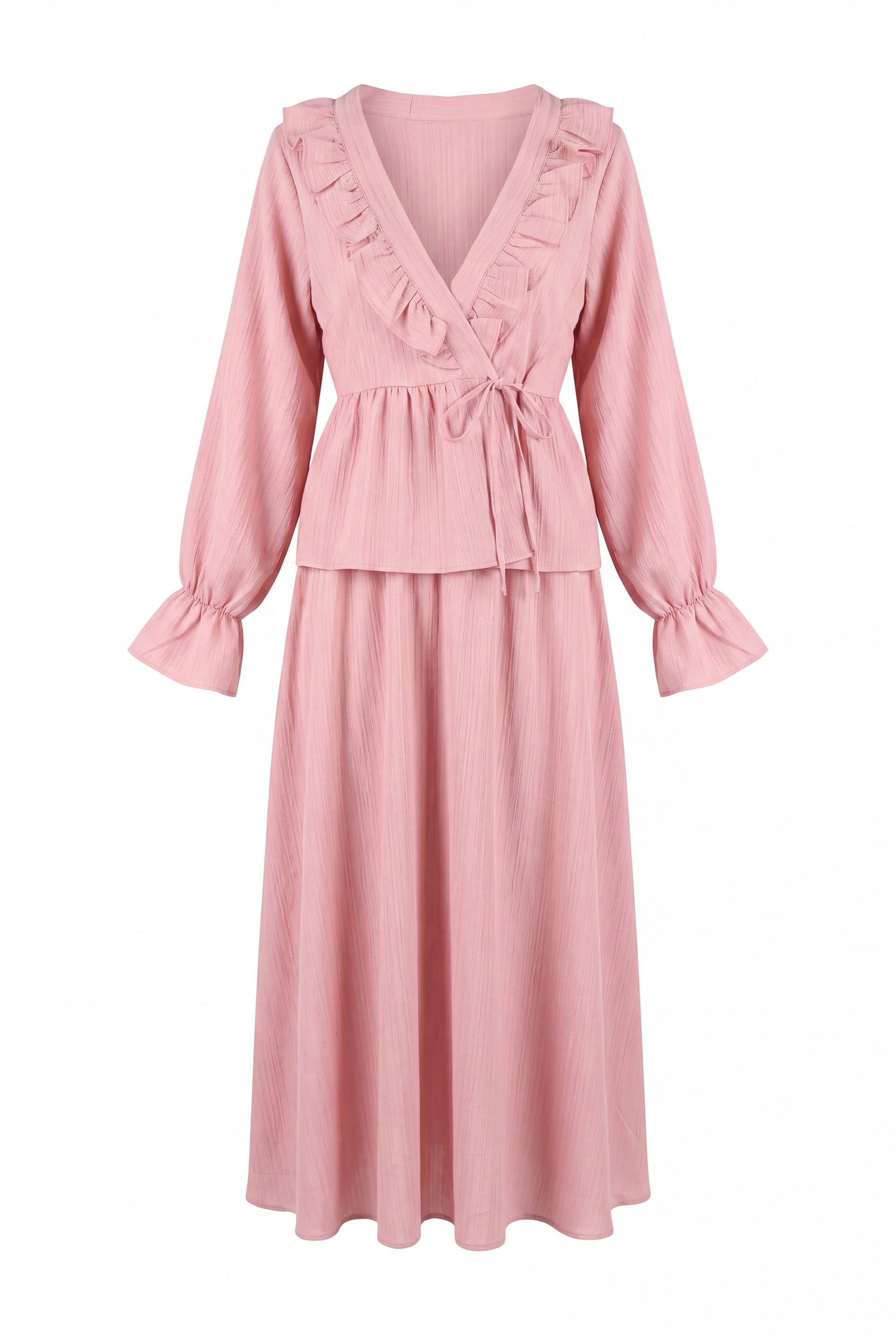 Ruffled V-Neck Tie-Front Kimono Set with Maxi Skirt - Dusty Rose Pink - Podyumplus - by Peralane - photo 4