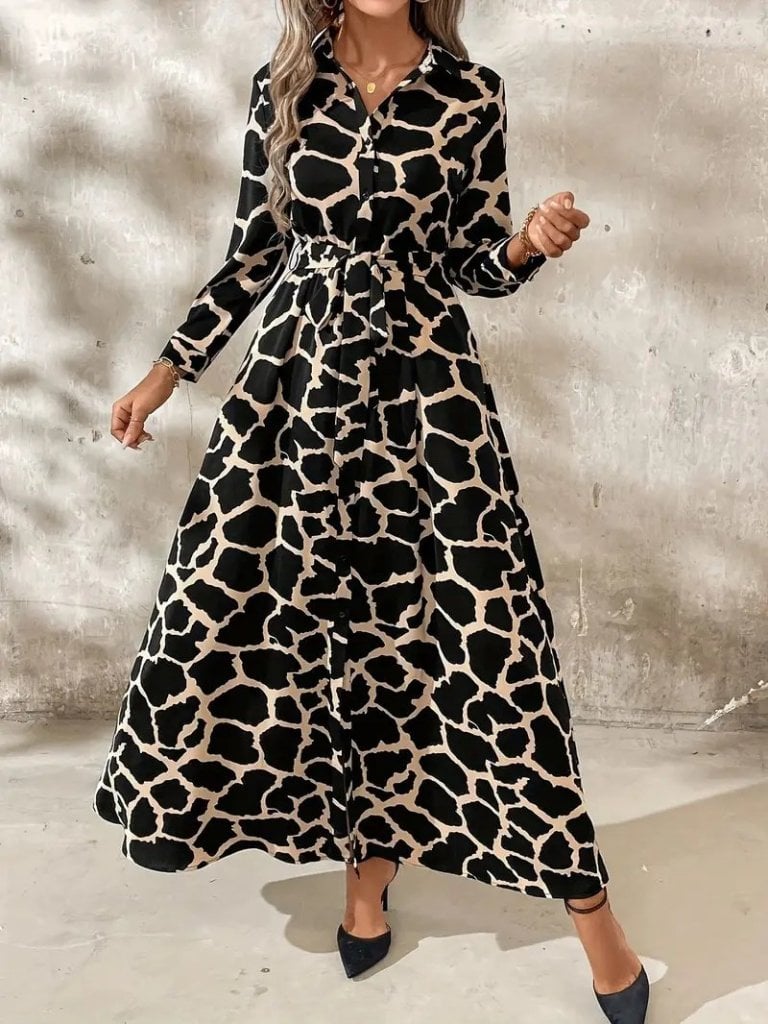 Women's Long Sleeve Collared Button-Front Tie-Waist Giraffe Print Maxi Dress - Janes - by Peralane - photo 4