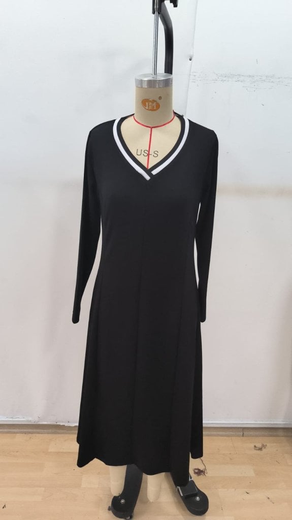 Women's Long Sleeve V-Neck Midi Dress in Black with Contrast Trim - Janes - by Peralane - photo 5