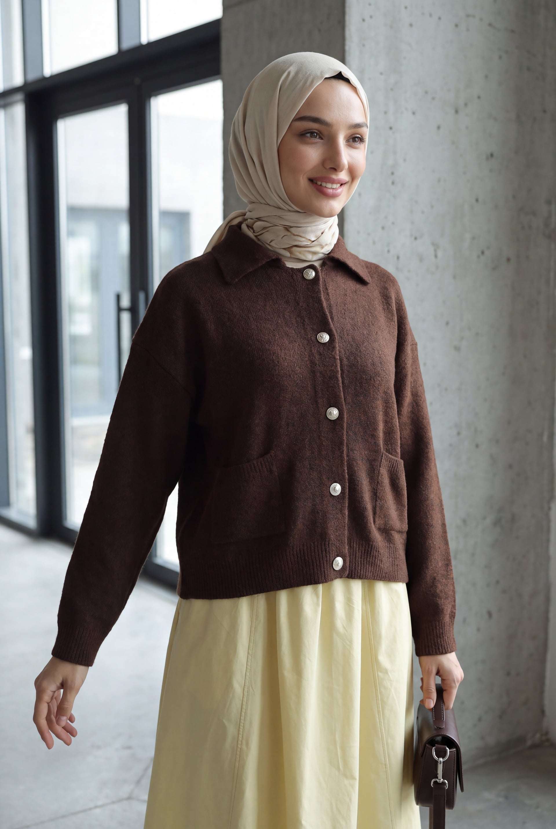 Double Pocket Shirt Collar Buttoned Knit Cardigan - Dark Brown - Podyumplus - by Peralane - photo 2