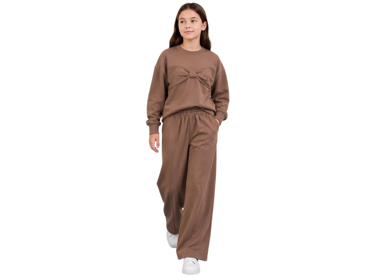 Girls' Brown Sweatshirt and Trousers Set with Bow Detail - Incilay - by Peralane