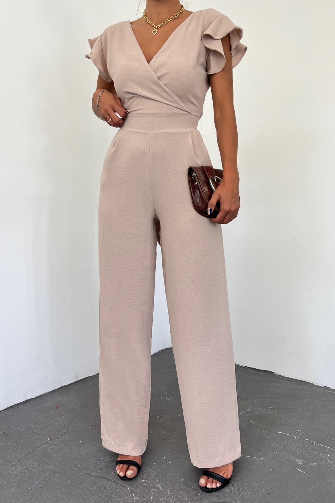 Frill Shoulder V-Neck Wrap Jumpsuit with Belt - Light Beige - Podyumplus - by Peralane - photo 2
