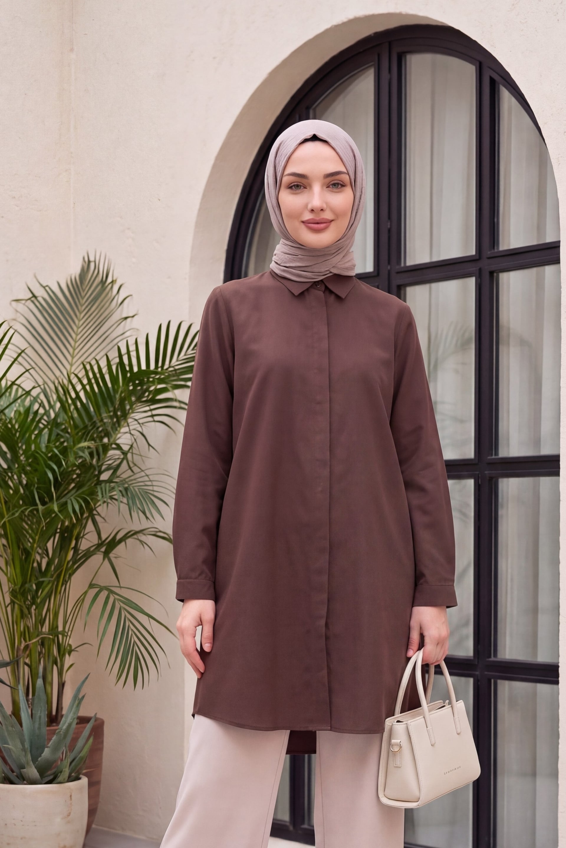 Oval Cut Long Shirt with Hidden Buttons - Brown - Podyumplus - by Peralane - photo 3