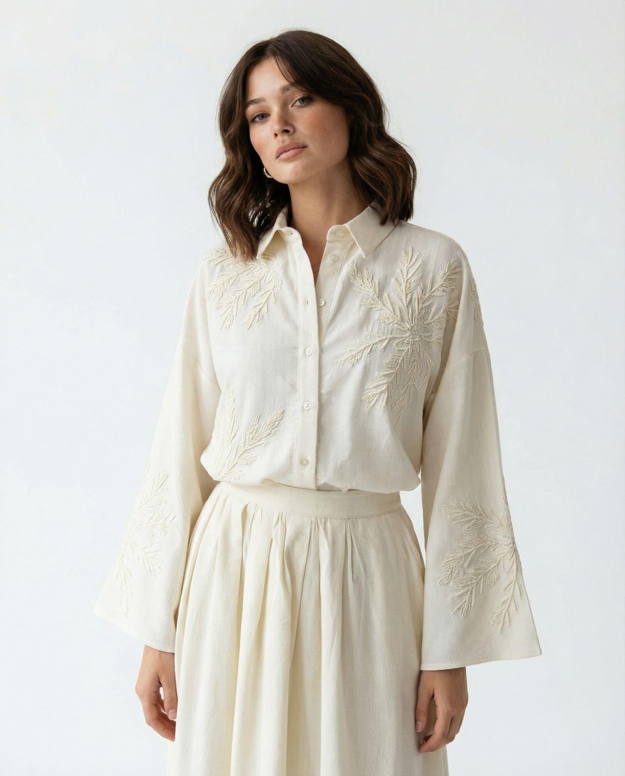 Women's Beige Cotton Blouse with Embroidered Leaf Motifs - Fame - by Peralane
