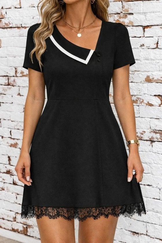 Women's Short Sleeve Collared Crepe Dress with Contrast Trim - Janes - by Peralane