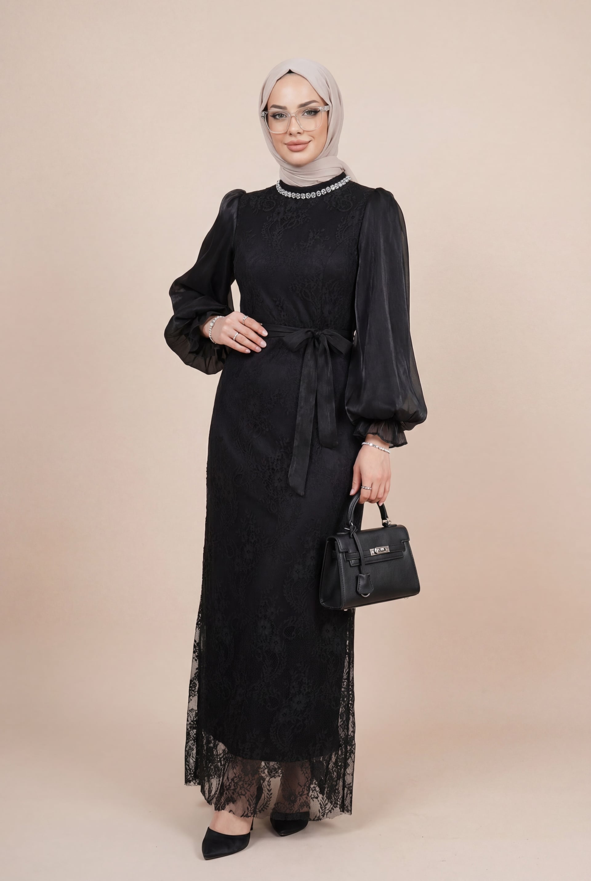 High Neck Lace Dress with Sheer Shimmer Sleeves and Belt - Black - Podyumplus - by Peralane