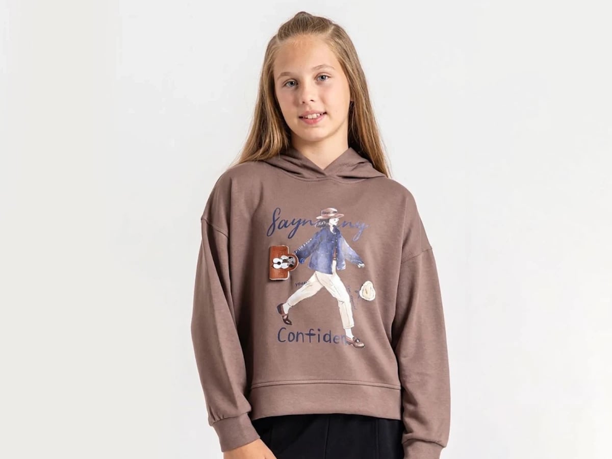 Girls' Printed Hoodie with Bag Detail - Brown - ÖZ Bebe - by Peralane