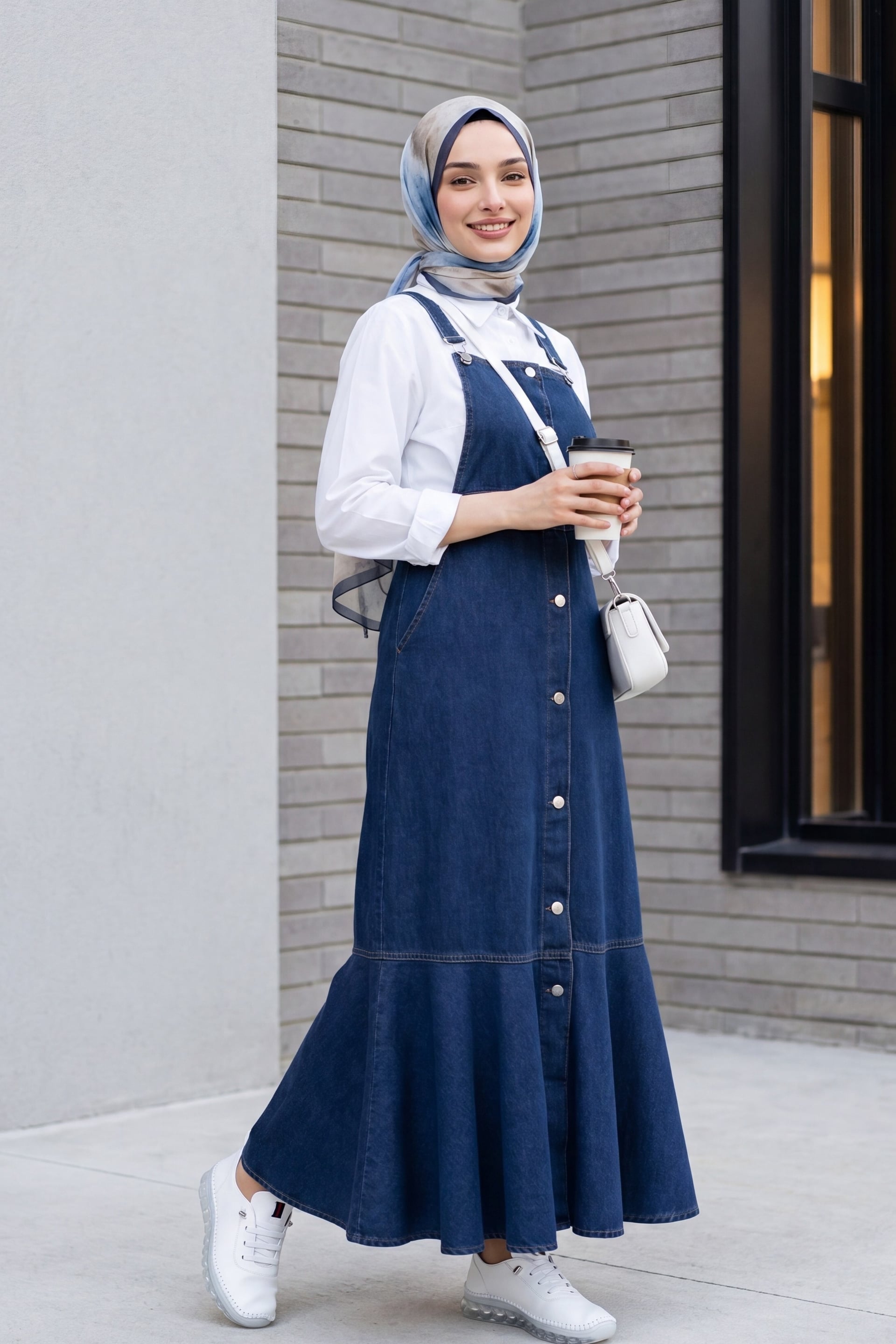 Button-Front Denim Pinafore Dress with Ruffled Hem - Dark Blue - Podyumplus - by Peralane - photo 3