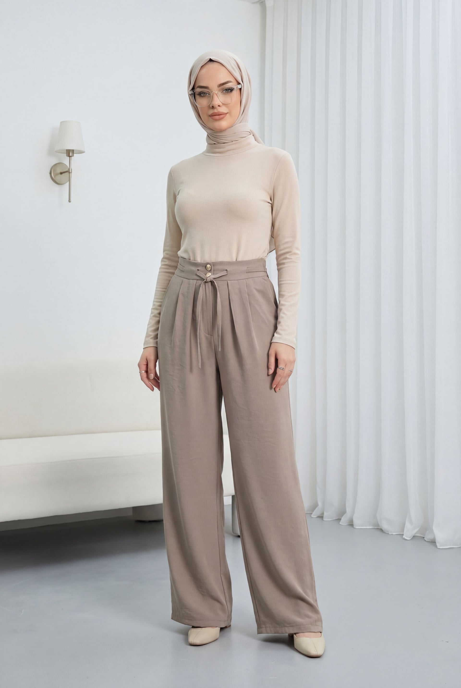 High Waist Tie-Front Double Button Tencel Trousers - Taupe - Podyumplus - by Peralane - photo 2