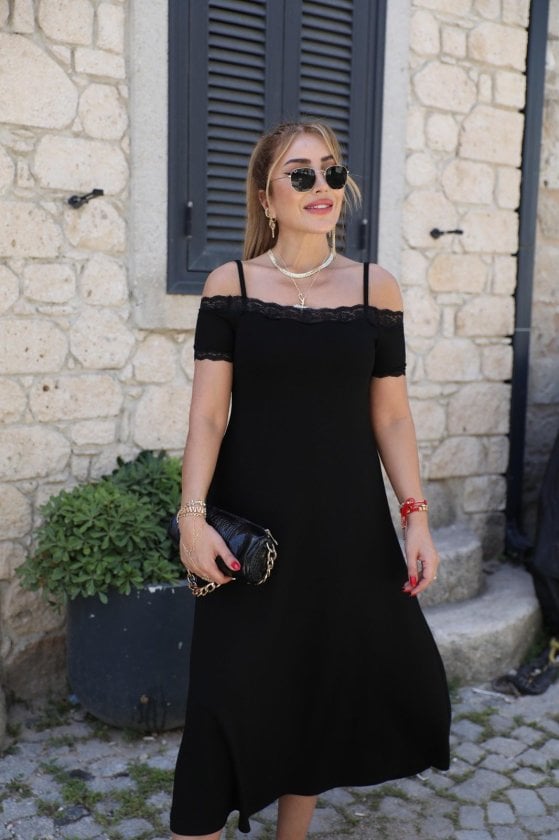Women's Off-Shoulder Short-Sleeve Lace-Trim Midi Viscose Dress - Janes - by Peralane