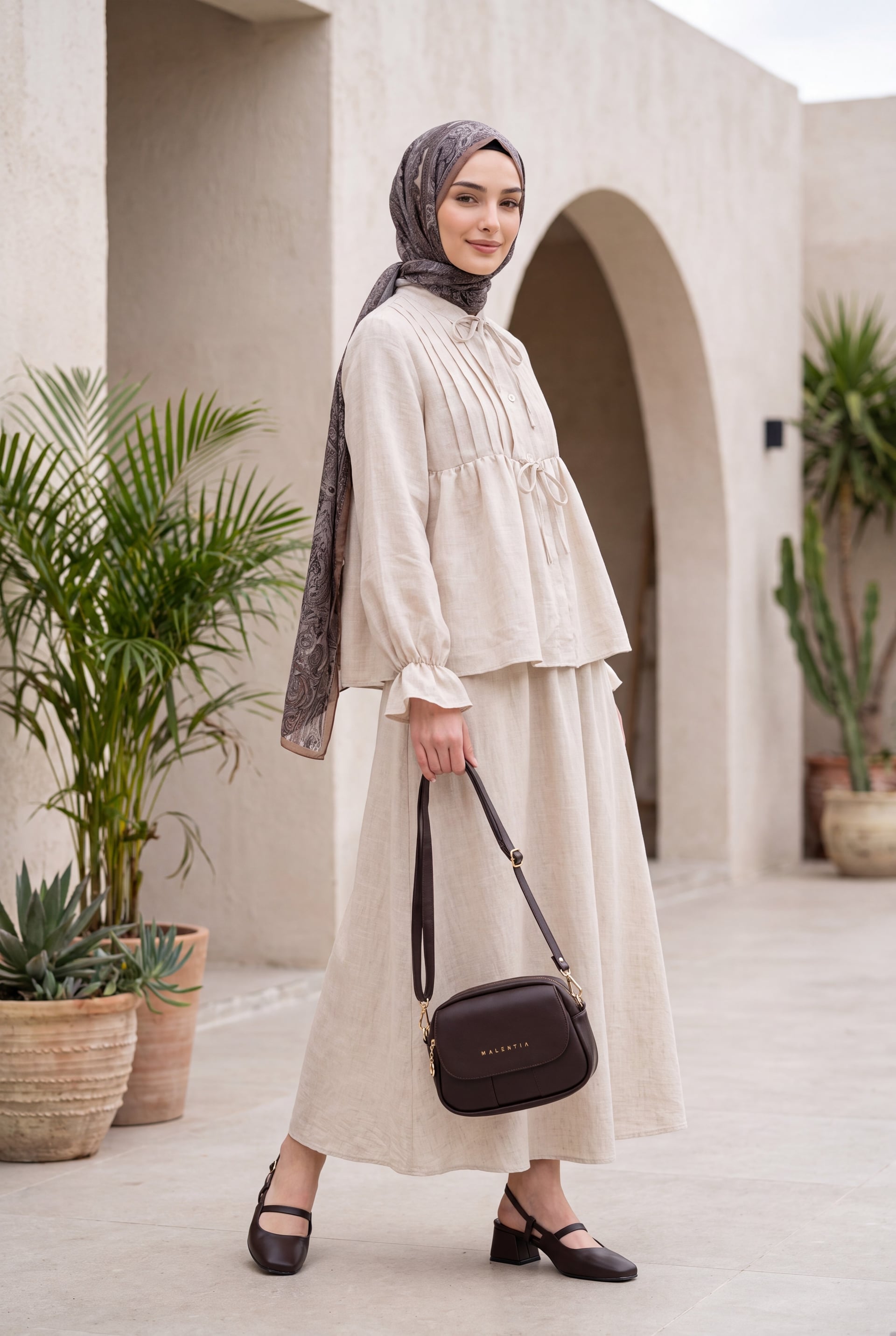 Half Button Long Sleeve Tie Front Linen Look Skirt Set - Beige - Podyumplus - by Peralane