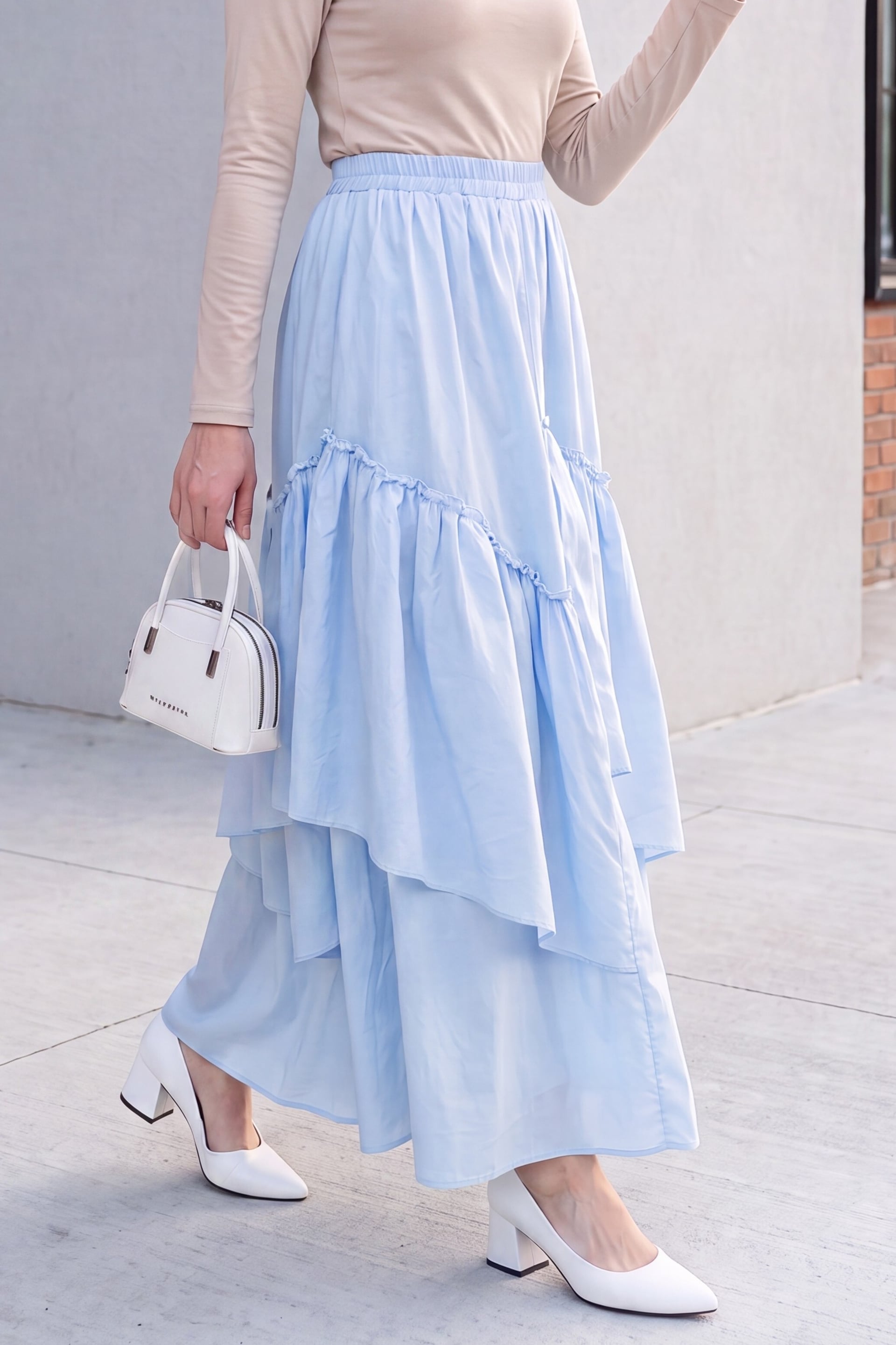 Elasticated Waist Asymmetric Ruffled Lined Voile Skirt - Light Blue - Podyumplus - by Peralane - photo 2