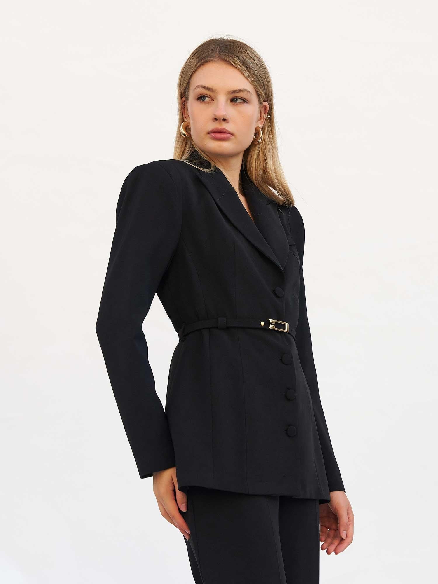 Black Double-Breasted Blazer with Belt - Lefon - by Peralane