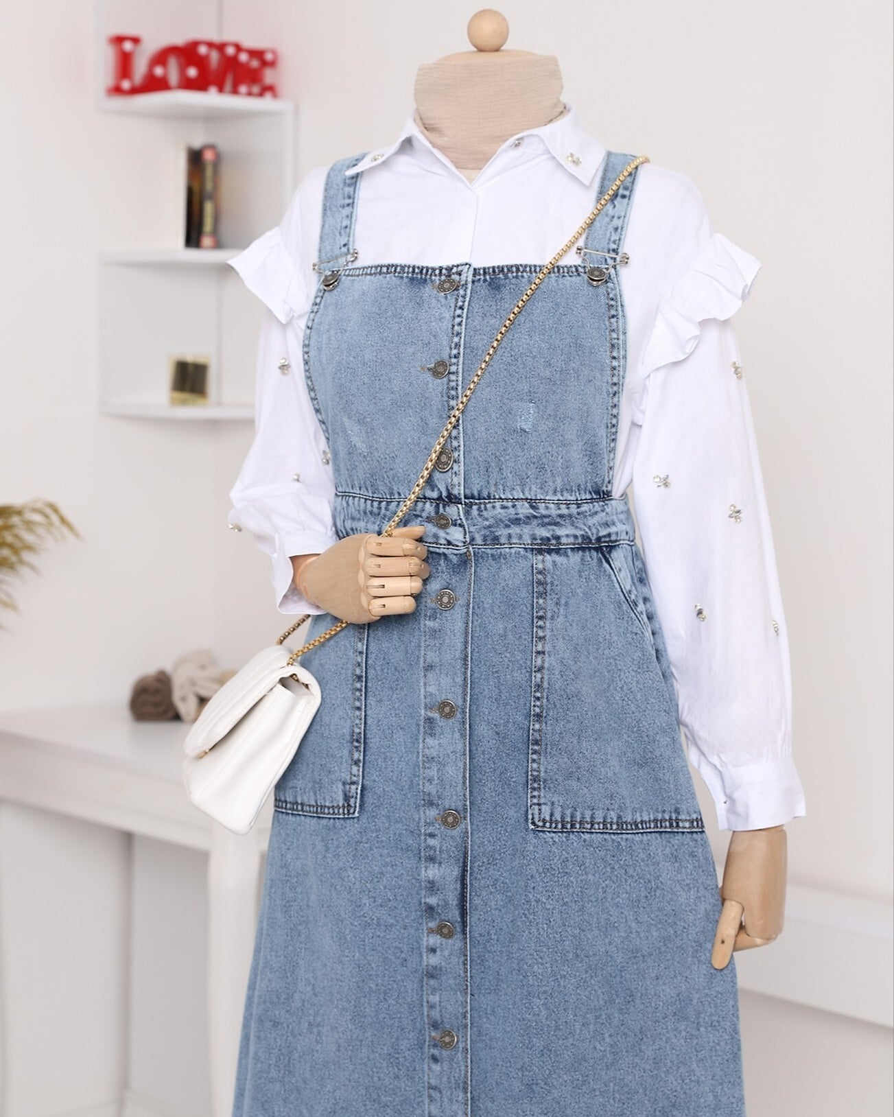 Button-Front Distressed Denim Pinafore Dress - Ice Blue - Podyumplus - by Peralane - photo 7